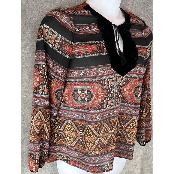 Sanctuary‎ Women's Medium Velvet Trim Tie Neck Blouse Paisley Print Peasant Boho - Picture 2 of 8